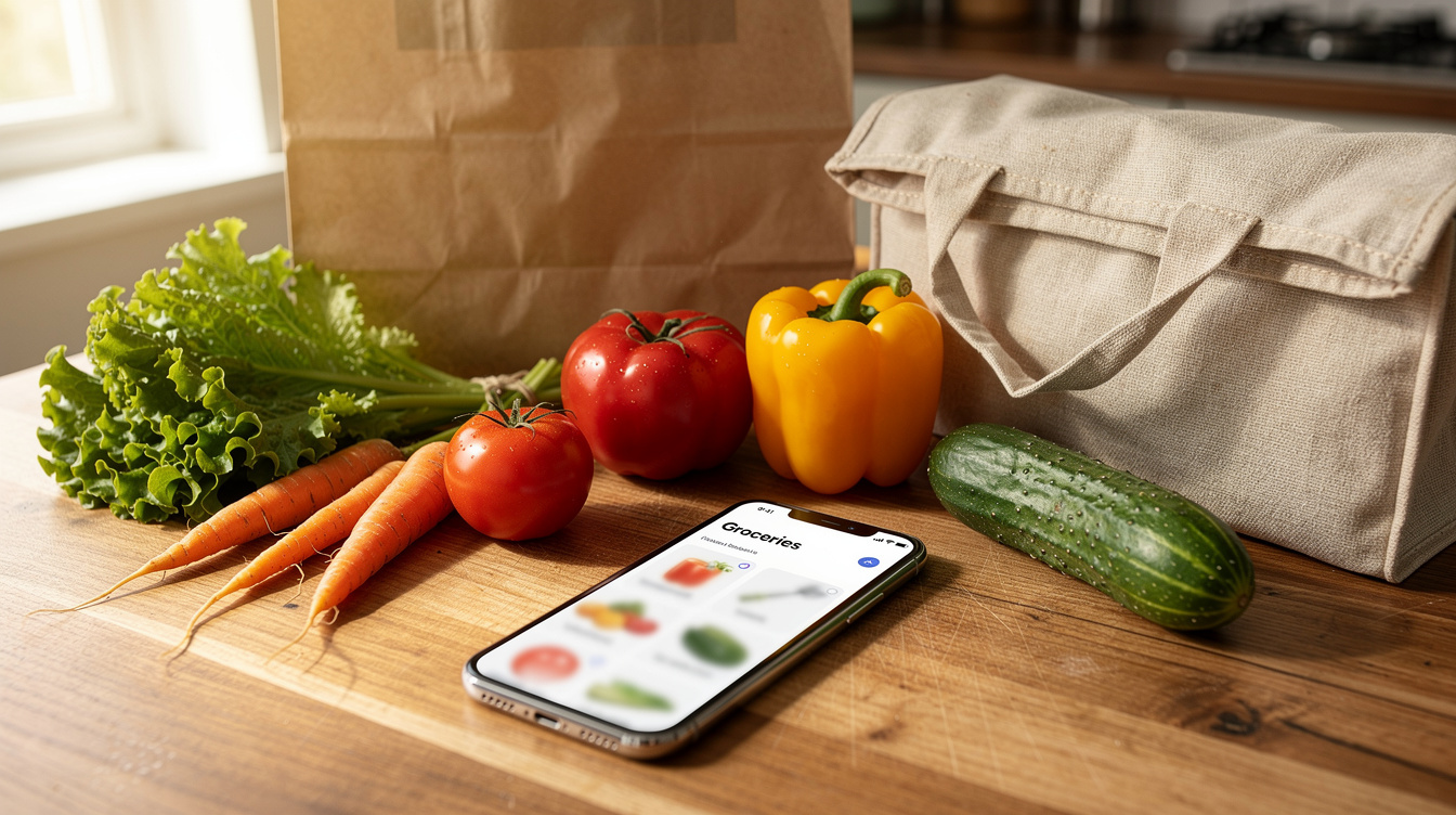 Smartphone grocery delivery app on kitchen counter with vegetables