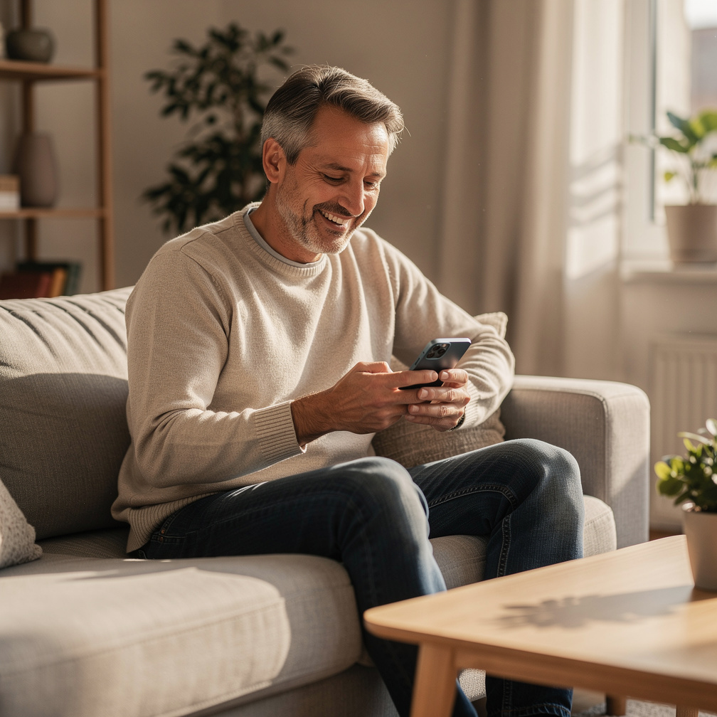 Man relaxing on sofa at home checking his smartphone
