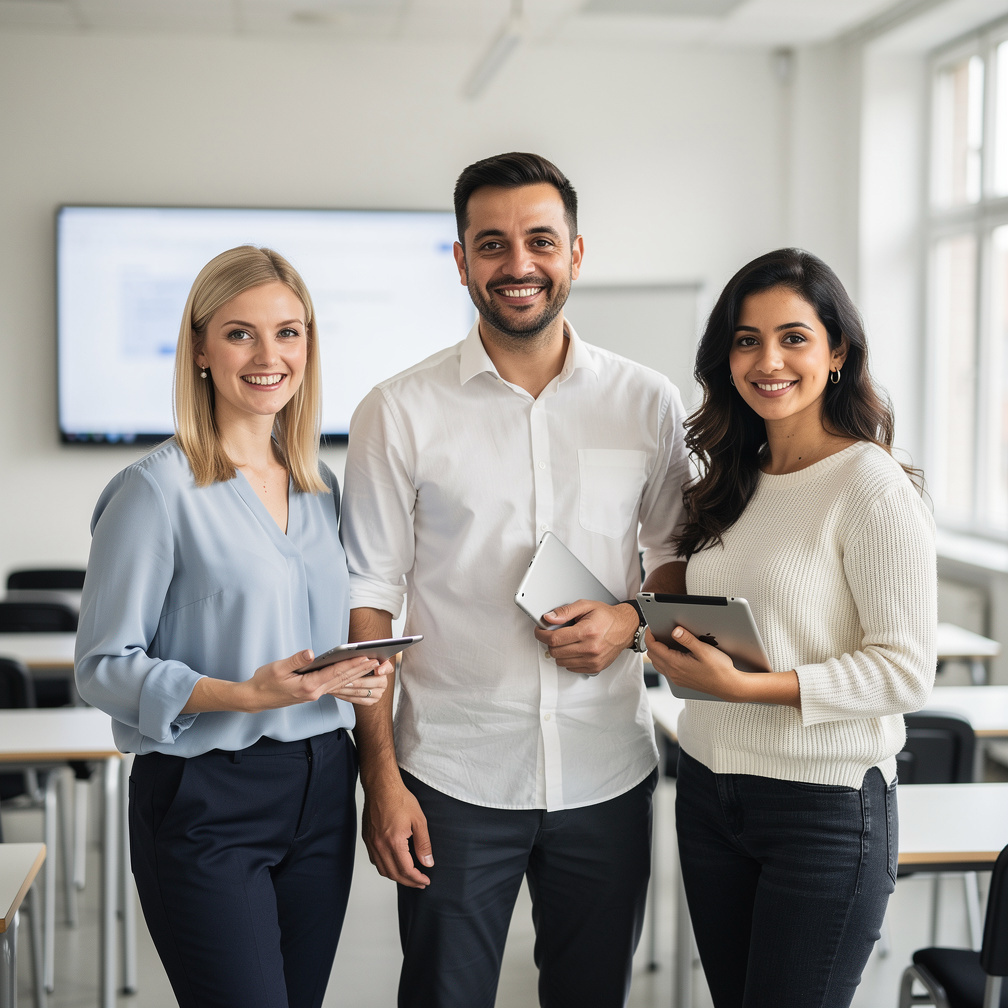 Group of three smiling instructors standing in a bright classroom