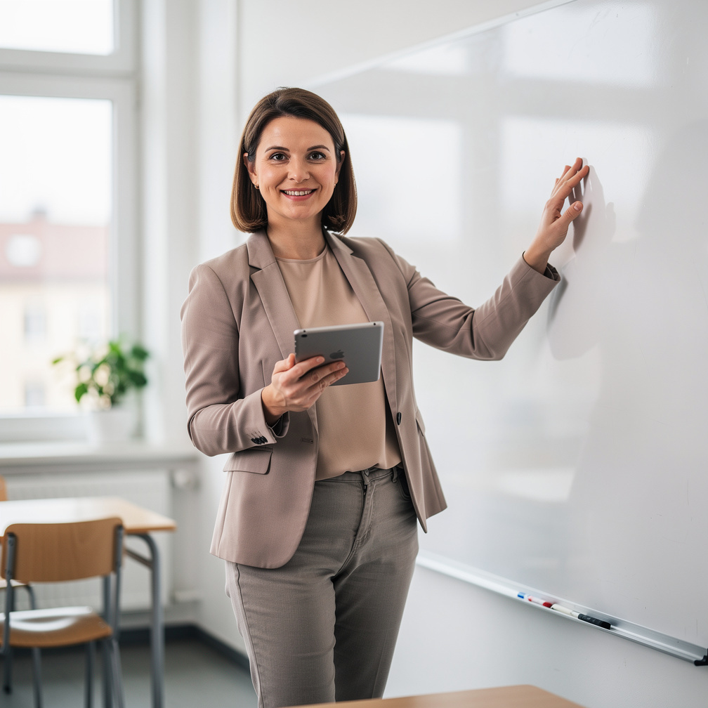 Friendly woman teacher standing in front of a whiteboard holding a tablet