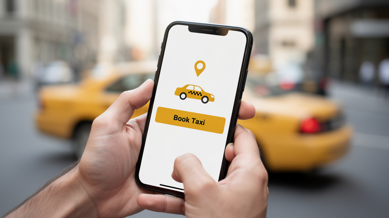 Hands holding smartphone with taxi booking app on a city street