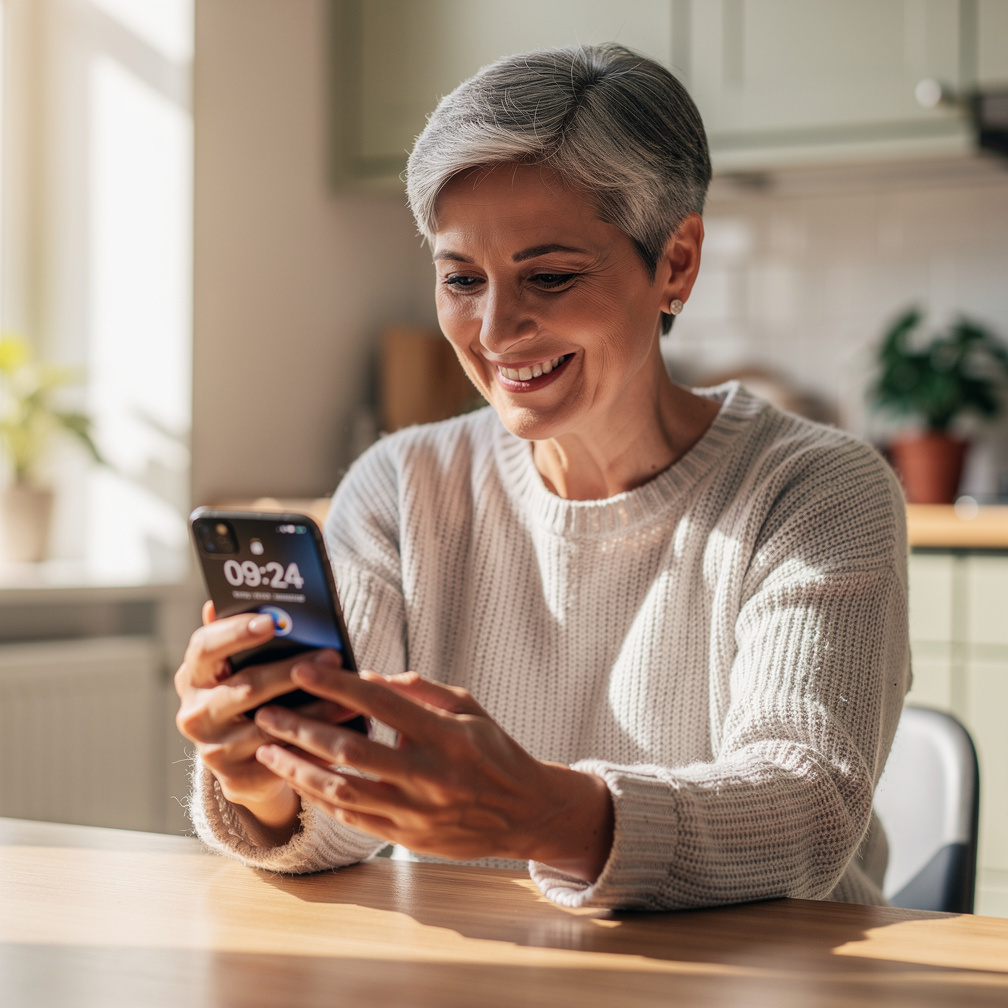 Older woman smiling while using a smartphone app at home