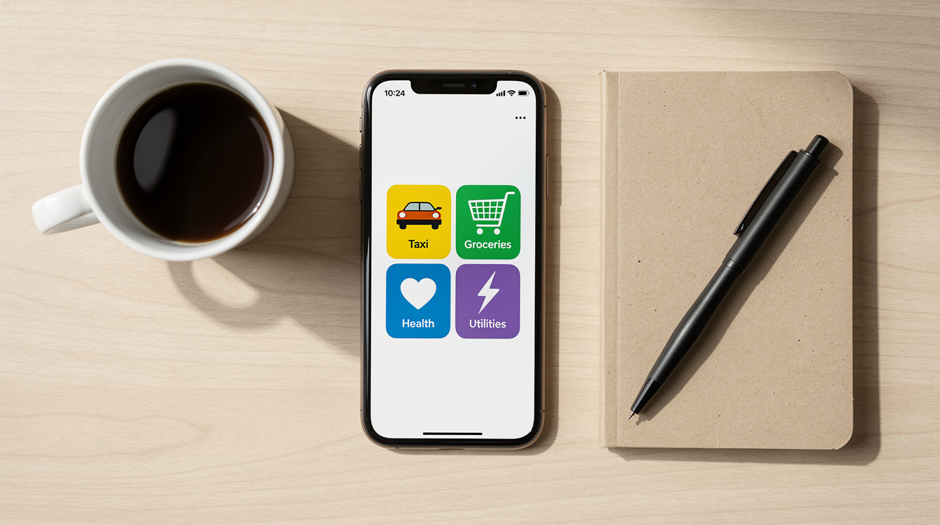 Flat lay of a smartphone surrounded by everyday service app icons